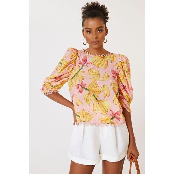 Anthropologie Farm Rio Banana Taste Applique Puff Sleeve Blouse Pink XS NEW - Picture 1 of 11